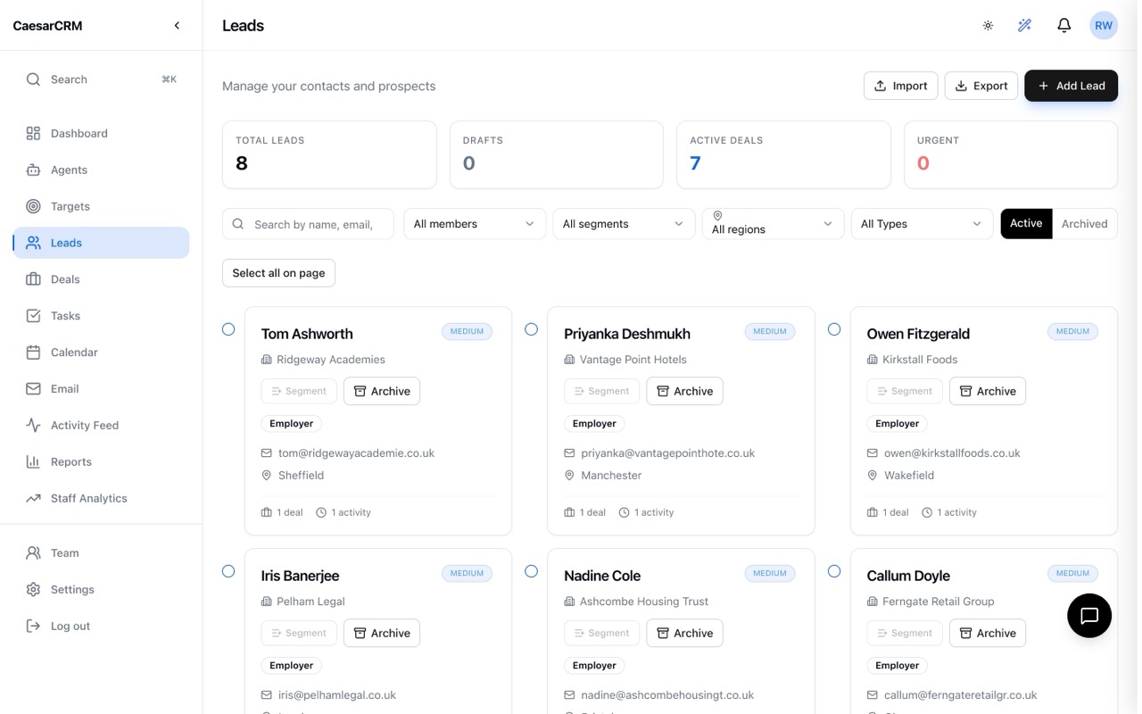 Decision-maker leads with job titles, companies and verified business email addresses in the CaesarCRM leads view