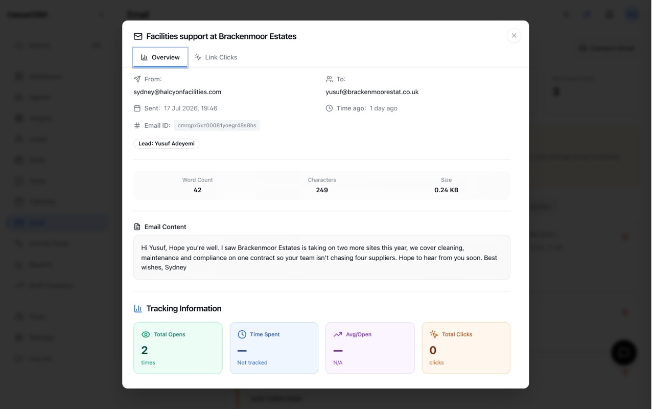 A personalised agent-written outreach email, with the message body and open tracking, in CaesarCRM