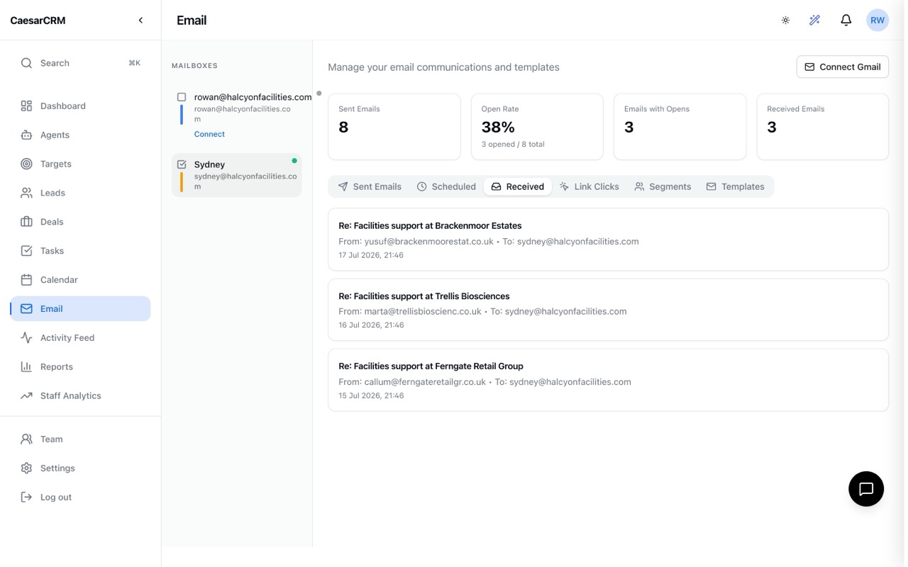 Prospect replies to agent outreach in the CaesarCRM received inbox