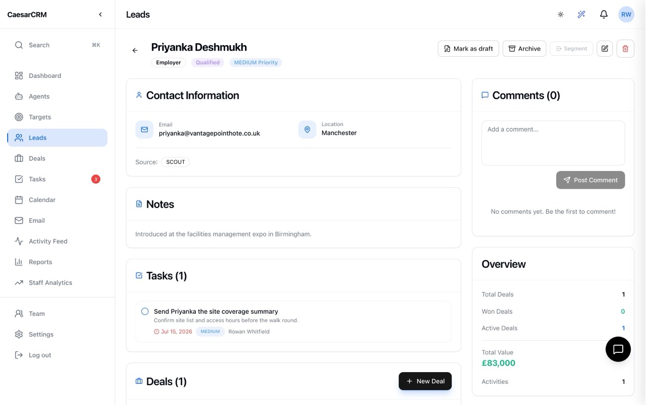 A CaesarCRM lead record with notes, tasks, deals and activity kept up to date