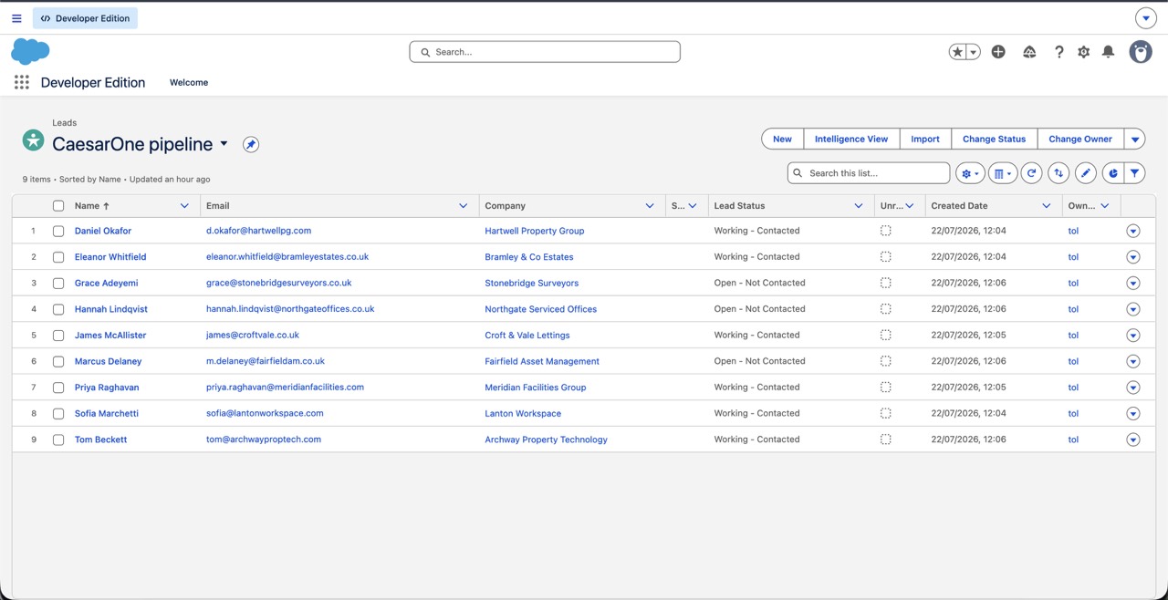 Salesforce lead list showing leads moving from Open to Working as the agent contacts them