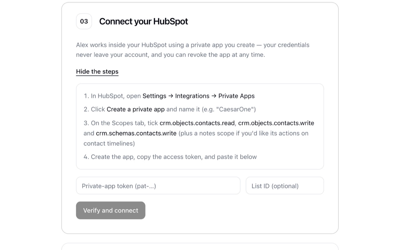 Connecting HubSpot on the CaesarOne setup page, with a 60-second private-app guide