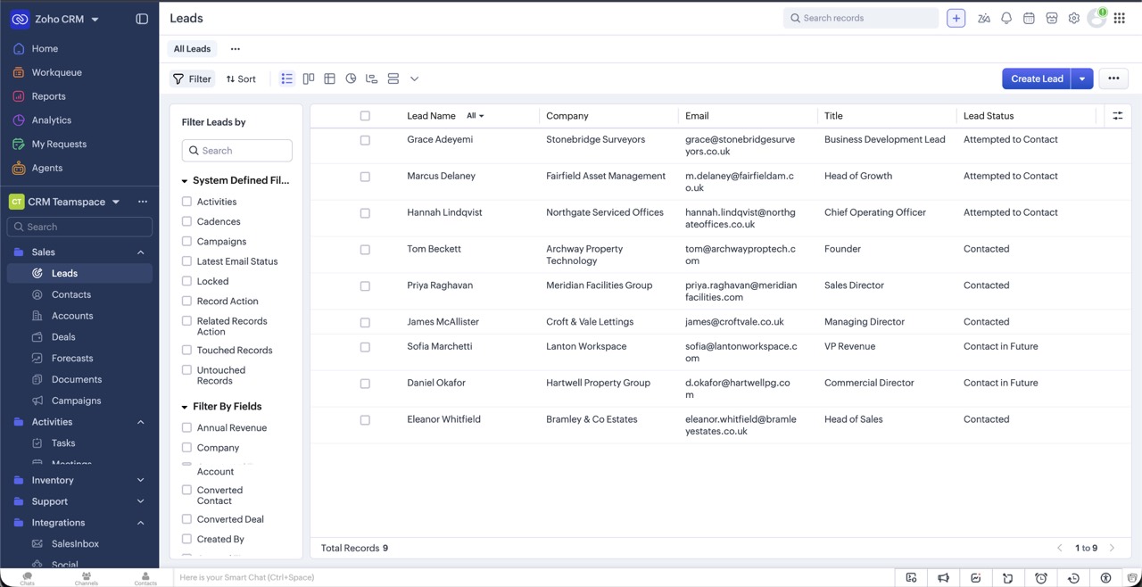 Zoho CRM leads with titles and lead statuses maintained by the agent
