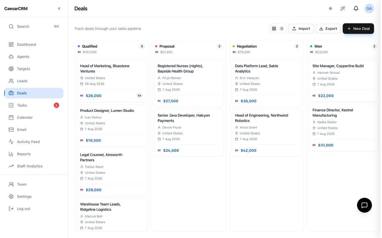 The CaesarCRM deals board
