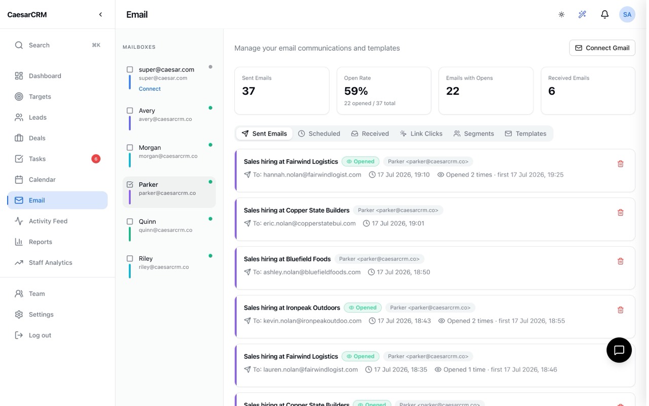 Tracked sent emails with open rates in CaesarCRM