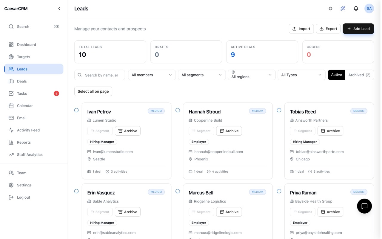 The CaesarCRM leads view with contact cards