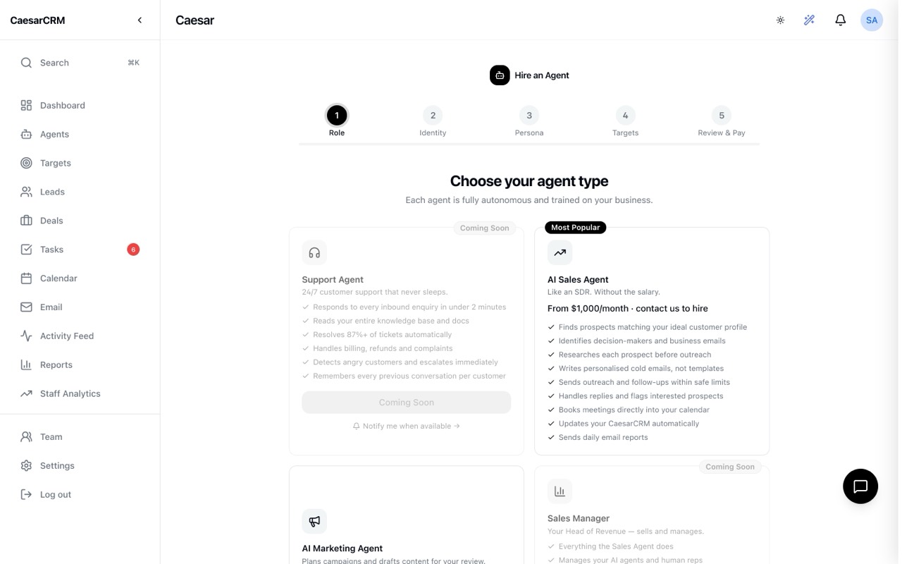 Hiring an AI sales agent in CaesarCRM
