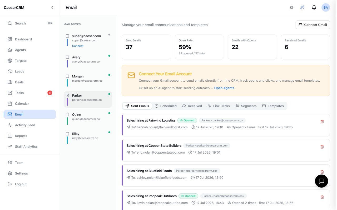Agent-sent outreach emails with open tracking in CaesarCRM