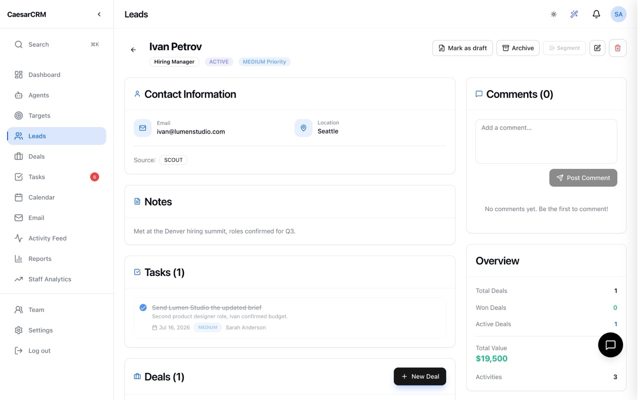 A lead record with notes, tasks and deal value tracked automatically